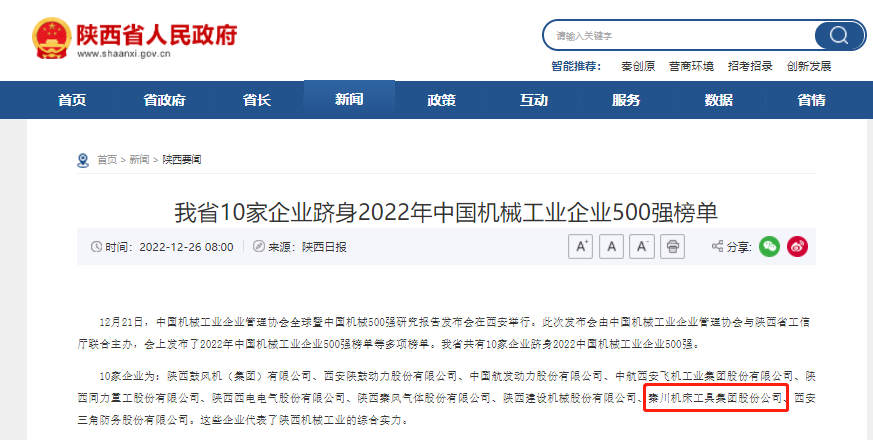 秦川集團(tuán)躋身中國機(jī)械工業(yè)企業(yè)500強(qiáng)、陜西百強(qiáng)企業(yè)榜單